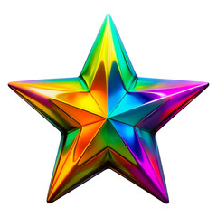 Shimmering Chroma Star. Abstract metallic star, boasting dazzling holographic sheen and iridescent rainbow gradient in shades of blue, purple, yellow, and green. transparent background, cutout, png.