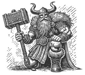 Viking warrior in horned helmet and armor, holding a massive ornate hammer with a strong stance sketch engraving generative ai vector illustration. Scratch board imitation. Black and white image.