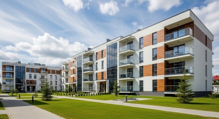 Modern apartment buildings with glass balconies and wood accents under a cloudy sky
