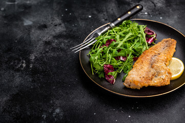 Roasted Haddock fish fillet on a plate with salad. black background. top view