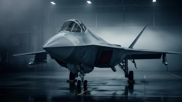 Modern military jet in hangar aerospace technology focus ideal for commercial and editorial use