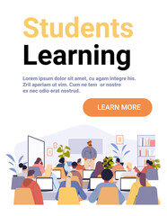 Students classroom teacher back to school education diverse group laptops indoor plants bookshelves modern flat design website banner