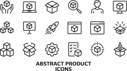 Illustration of abstract product icons featuring boxes, technology, and logistics