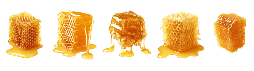 Sweet honey dripping from honeycomb pieces, created with AI, PNG