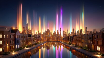 Futuristic cityscape with digital financial projections and holographic displays