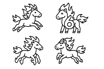 Creative hand-drawn illustrations of playful horses with flames on their manes in a whimsical style