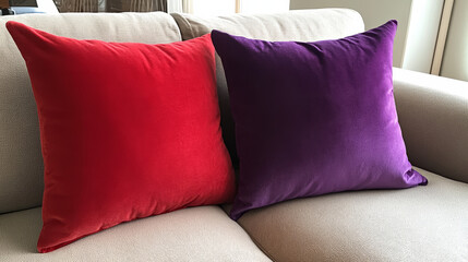 Square Throw Pillows in Deep Red and Soft Purple Adding Vibrant Color Accent to Neutral Couch