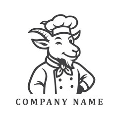 Cartoon-style black-and-white logo of a playful goat chef wearing full chef attire, winking with charm and confidence.