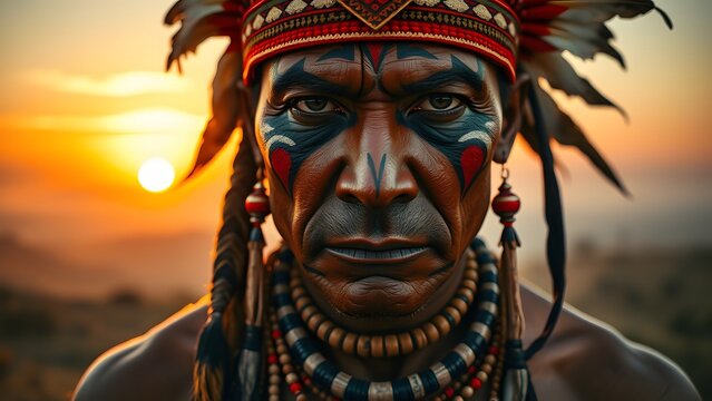 A photo of an elderly Native American man wearing traditional Indian attire, staring intensely with a gaze full of anger