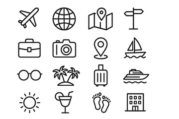 Travel symbols and icons representing activities, locations, and items associated with tourism and adventure