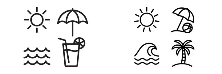 Simple summer icons featuring sun, beach elements, and tropical drinks create a lively vacation vibe