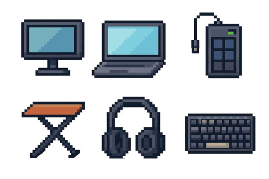 Pixel art representation of computer setup featuring monitor, laptop, keyboard, headset, and gaming device