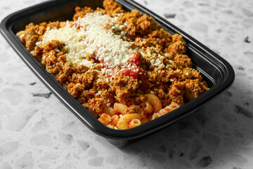 A view of a meal prep container of ground turkey and pasta.