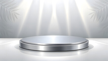 Modern silver podium with soft spotlighting and subtle leaf shadows on a clean white background