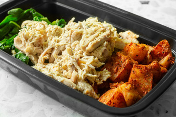 A view of a pulled chicken meal prep entree.