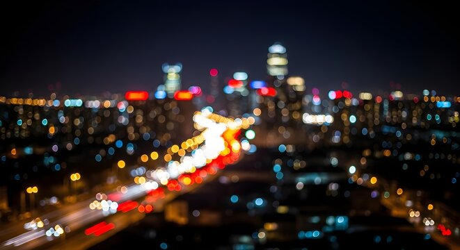 Abstract Night City Bokeh Lights – Colorful Urban Skyline with Traffic Blur
