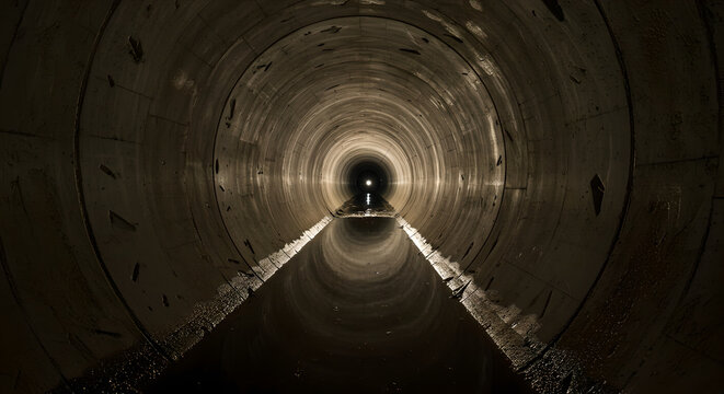 Inside concrete storm sewer tunnel with water. Industrial underground utility infrastructure