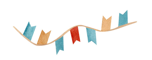 Bunting hanging garland Flag. Watercolor illustration of triangular garland of muted colors. Drawing of pennants for Baby shower party greeting cards, wedding background and kids party