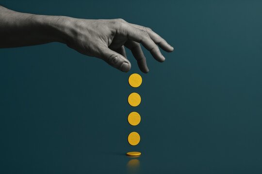 Hand dropping golden coins against a deep teal backdrop symbolizes financial investment, wealth creation, and the concept of minimalist abundance.