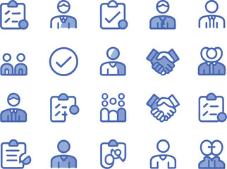 Various blue business and human resources icons arranged on a white background