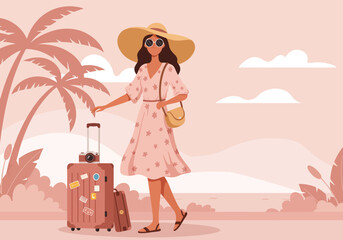 Travel Influencer Exploring Tropical Destination with Camera and Suitcases