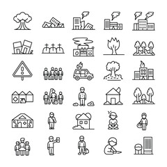 Fototapeta premium Collection of thirty black line icons depicting various disaster scenarios including earthquakes building collapses fires nuclear explosions forest fires refugees and emergency aid