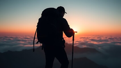 Silhouette of a mountain climber at sunrise, embodying adventure and the spirit of exploration.