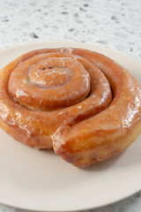 A view of a cinnamon roll, on a plate.