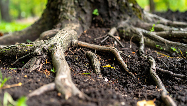 Exposed roots of a mature tree, showing intricate patterns on rich dark soil. Symbolizes strength, resilience, and connection to nature. Great for environmental or conceptual projects.
