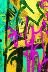 Colorful graffiti art in neon pink, green, yellow with bold strokes, urban 90s, Y2K style, trippy...