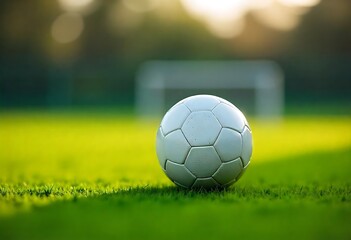 Fototapeta premium Generative AI Football on lush green pitch bathed in warm golden hour light