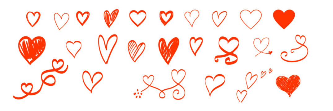 Red heart doodles set. Hand drawn hearts icon collection. Various different hand drawn heart icon love collection isolated on transparent background. Romance and love illustrations