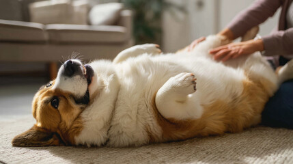 Cute fat dog sad because excess weight. Modern problem of obesity in pets due to overfeeding with food and treats. Concept diet and fight against excess weight in dogs and awareness of animal health