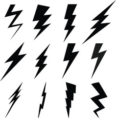 Black Lightning Bolt Icon Set – High-Resolution Vector Collection of Thunderbolt Symbols for Energy, Power, and Graphic Design