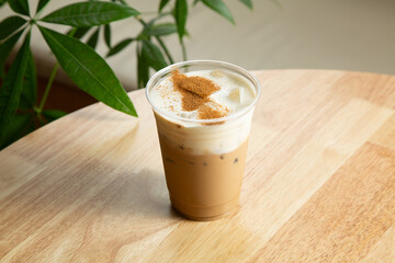A view of a iced coffee latte drink.