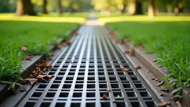 Outdoor drain cover on green grass in park, a functional structure. Outdoor drain cover prevents flooding, directing water away from walkways in landscape.