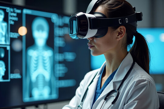 A doctor using virtual reality to consult with specialists using holographic technology on a patient's condition.
