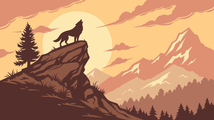 Wolf Silhouette on Mountain at Sunset