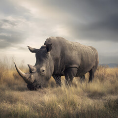 Obraz premium A rhino is eating grass in a field