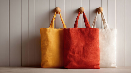 Stylish tote bags hanging on hooks, minimalist design. Colorful canvas shoppers represent sustainability, choice,  ecoconsciousness. Great for lifestyle, retail or product mockup.
