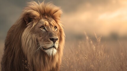 Obraz premium Majestic Lion with Golden Mane in Intense Stare, Against Ethereal Savannah Backdrop
