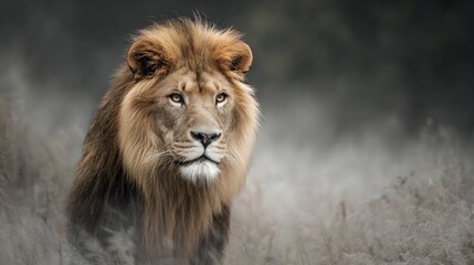 Obraz premium Majestic Lion with Golden Mane in Intense Stare, Against Ethereal Savannah Backdrop