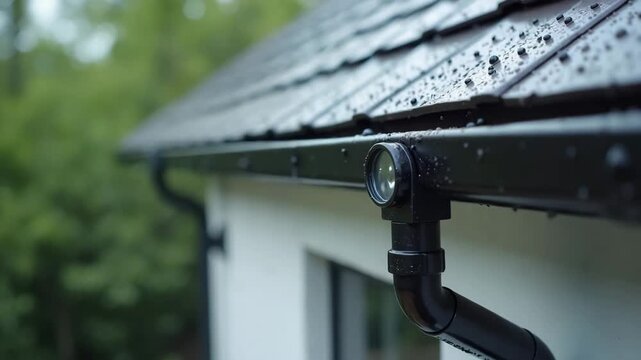 Rainy day captures house gutter and roof, showcasing effective drainage system. Close-up of house gutter reveals its vital role in rainwater management, preventing water damage.