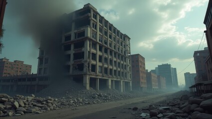 Fototapeta premium A deserted urban street lined with ruined buildings.