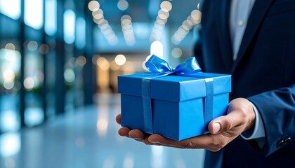 Businessman holding a blue gift box