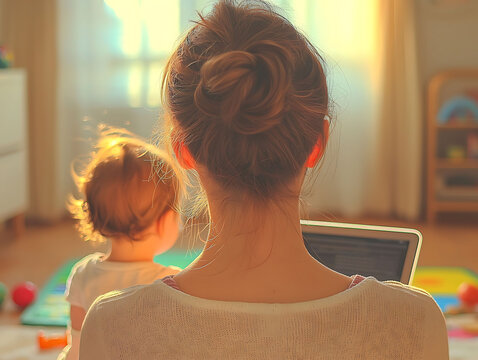 Warm sunlight illuminates a mother working on her laptop from home, her toddler beside her. This heartwarming image captures the realities of modern parenthood and flexible work arrangements.