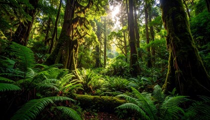 Lush rainforest canopy. Sunlight filters through dense foliage