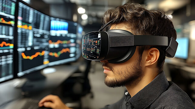 A young man uses virtual reality tech to analyze financial data displayed on large monitors, showcasing innovative solutions for investment and market analysis. - Powered by Adobe