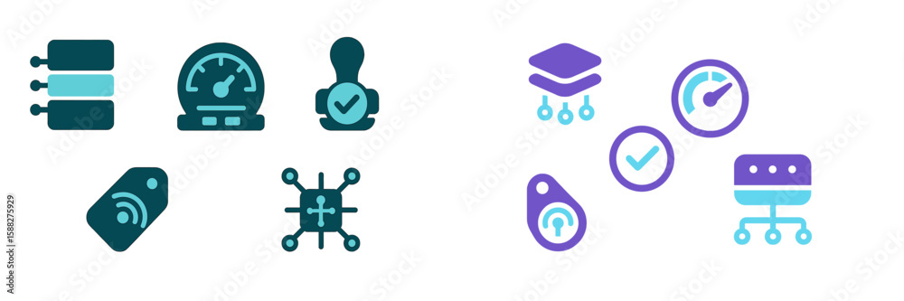 Poster visual representation of technology and data management symbols illustrating efficiency and monitori