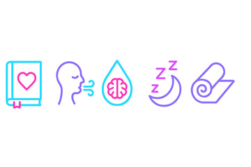 Wellness practices illustrated through icons for mindfulness, breathwork, and relaxation techniques at any time of day